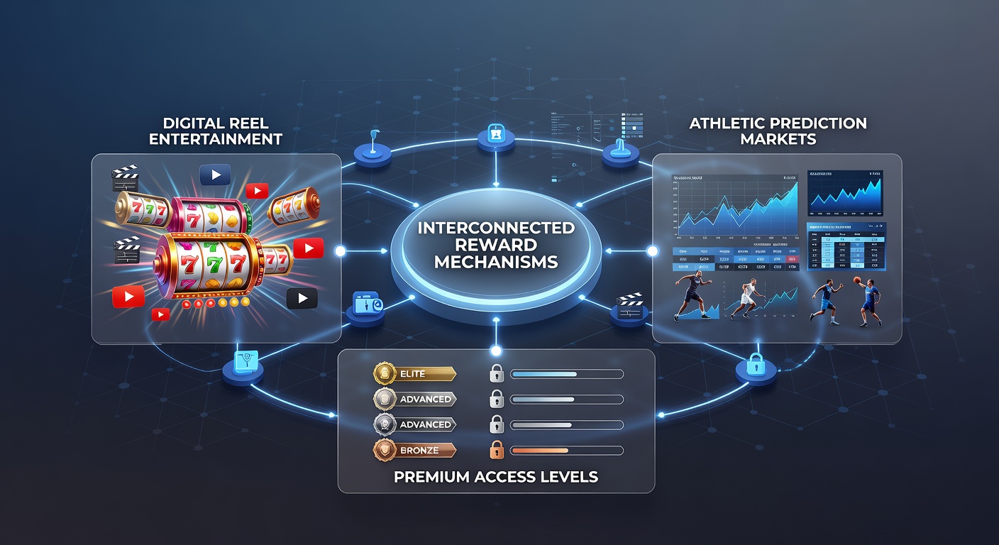 Illustration of interconnected reward systems linking slot machines, sports prediction interfaces, and premium membership tiers