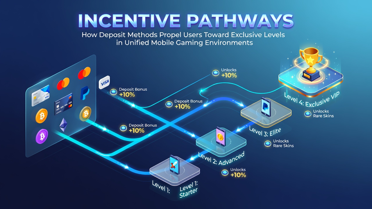 Mobile gaming interface showing deposit options and progress toward VIP tiers in a unified app environment