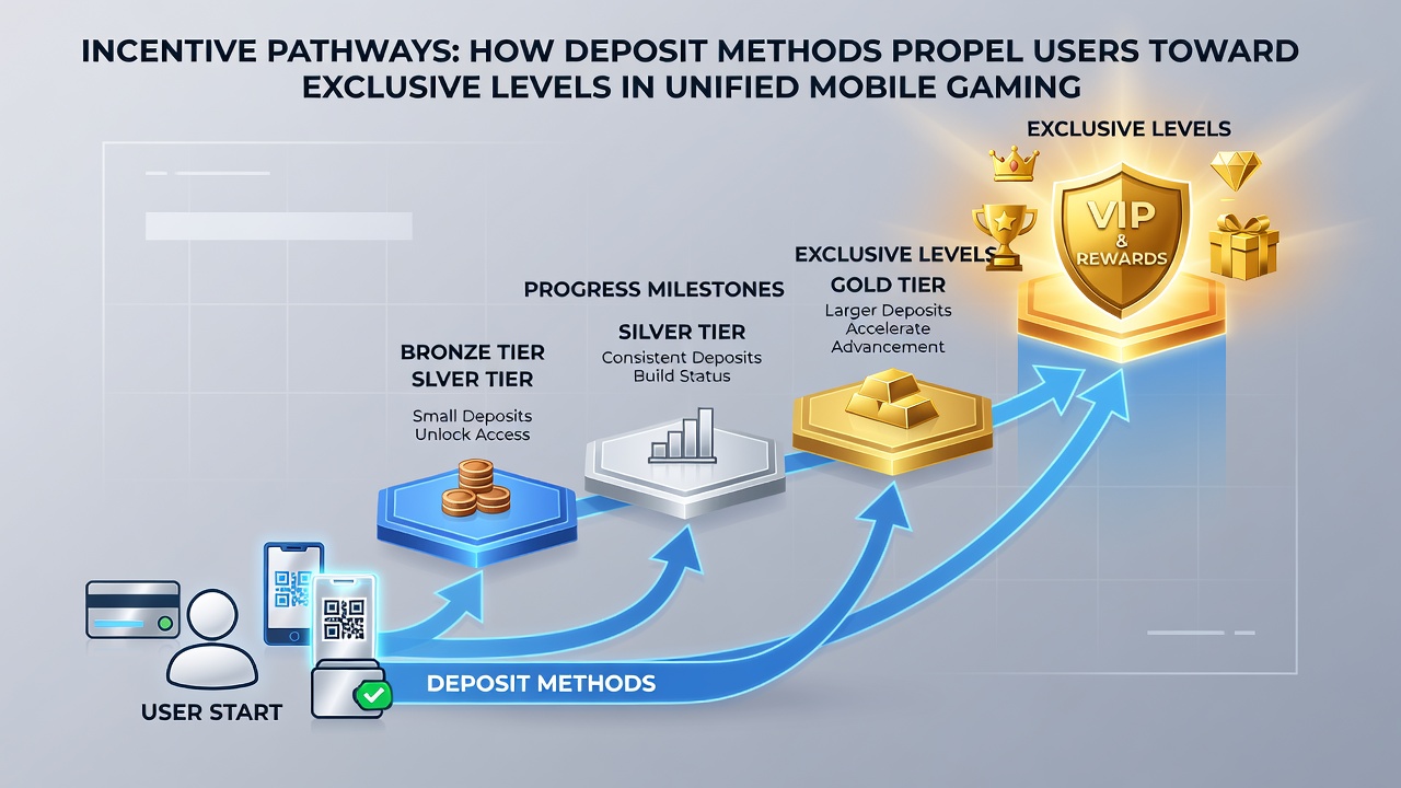 Illustration of escalating VIP levels connected to deposit activity across slots, tables, and sports betting sections