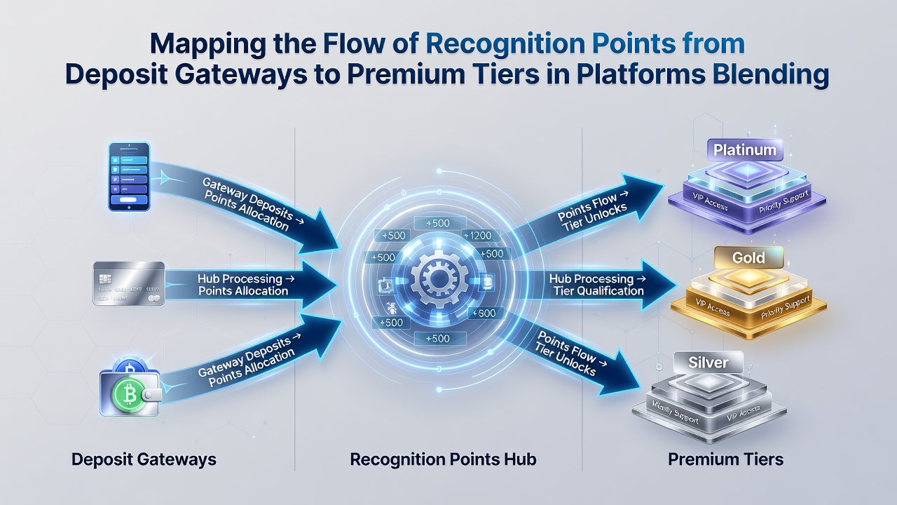 Flowchart showing recognition points moving from deposits through game categories to premium tier benefits