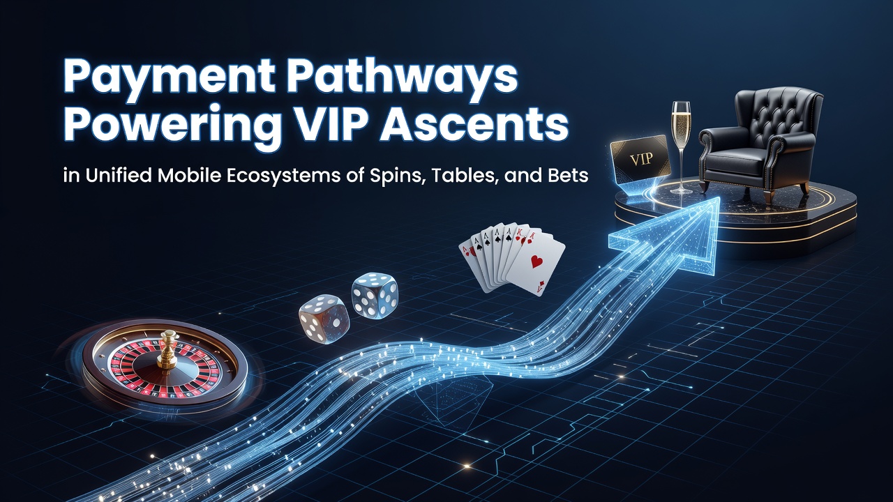 Mobile casino interface showing integrated payment flows across slots, table games, and sports betting with VIP progress indicators
