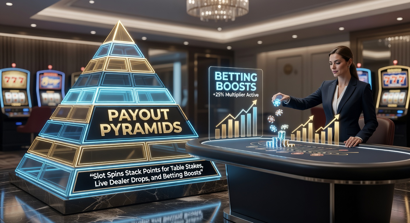 Colorful slot machine reels spinning with glowing pyramid icons stacking points toward table games and live dealer tables in the background