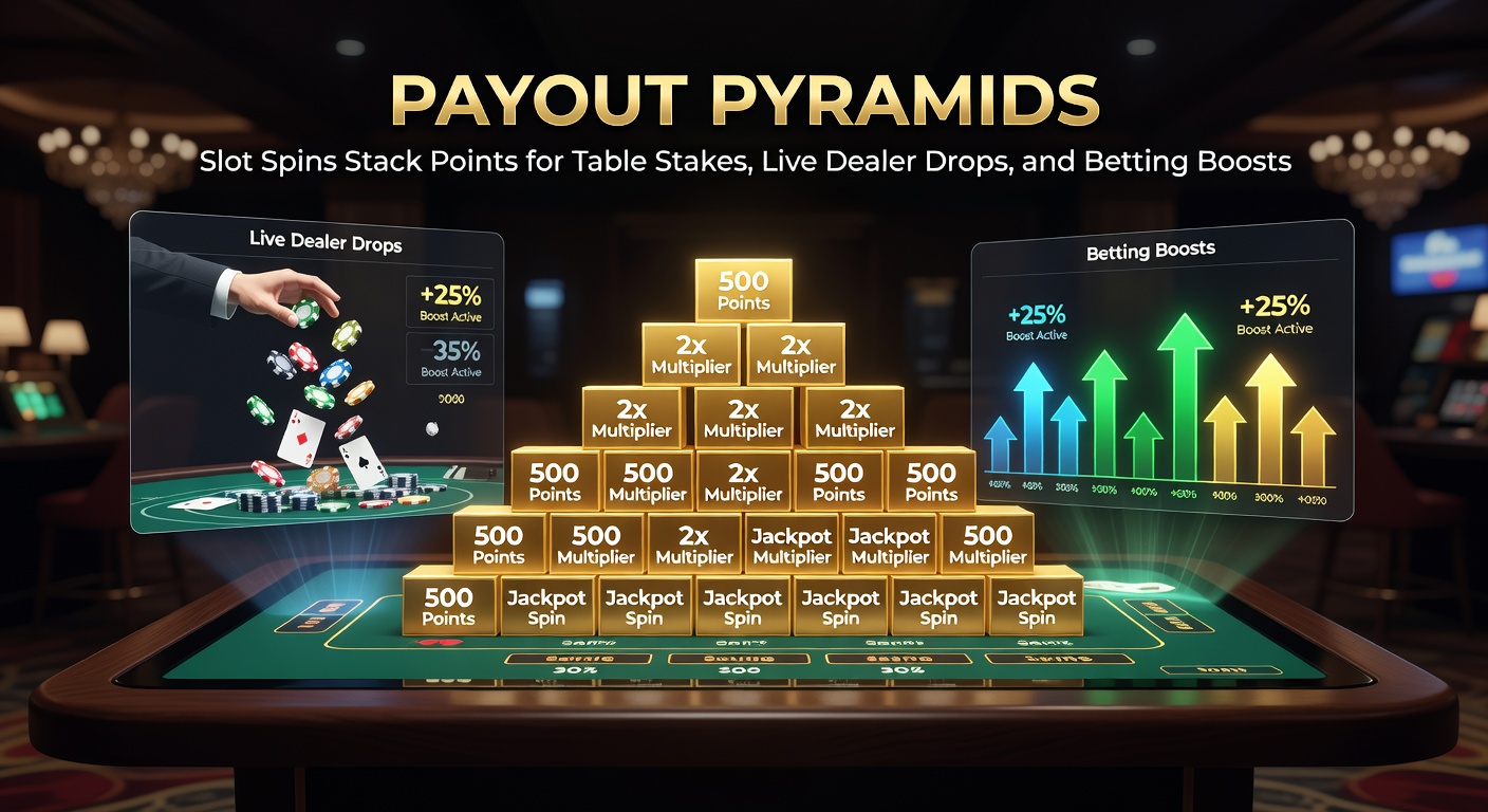 Pyramid graphic showing slot points cascading upward to unlock chips for blackjack tables, live roulette wheels, and sports betting odds boosts