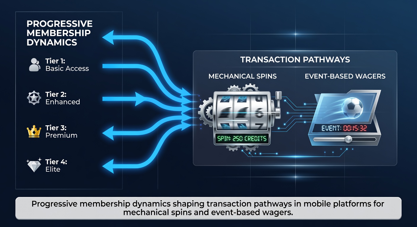 Mobile casino app interface showing progressive membership tiers and transaction pathways for slots and sports wagers