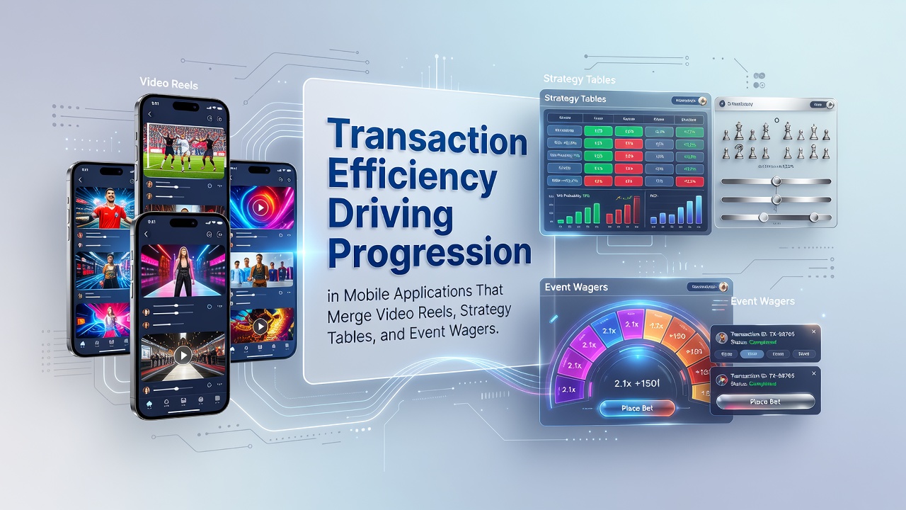 Mobile app interface showing seamless transactions across video reels, strategy tables, and sports wagers